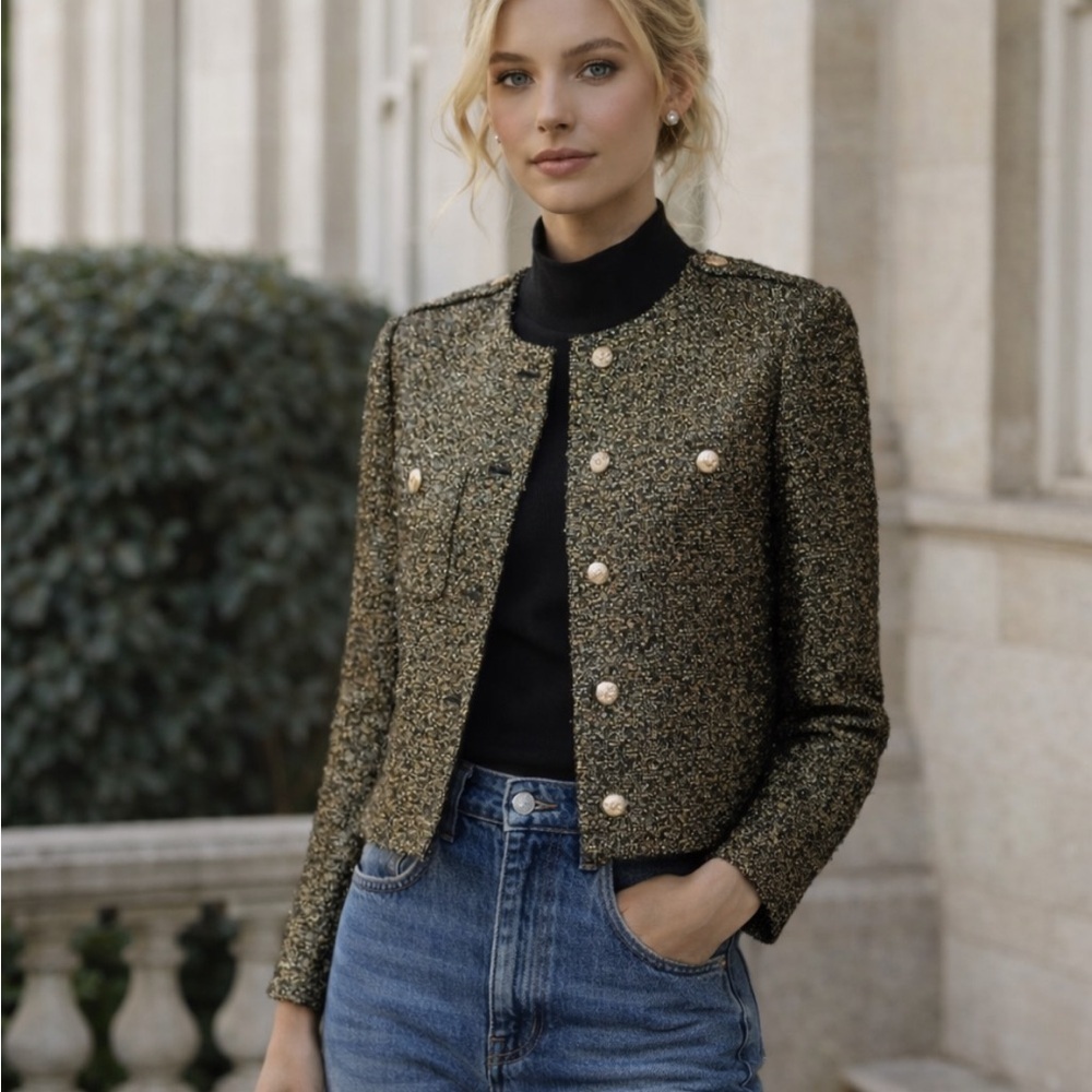 New! Reiss Wynee Gold Tweed Blazer Jacket Luxe Old Money 38034